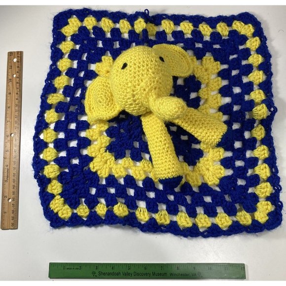 Vtg Handmade Crochet Elephant Lovey Security Blanket Baby Child Toy Blue Yellow - Picture 6 of 9